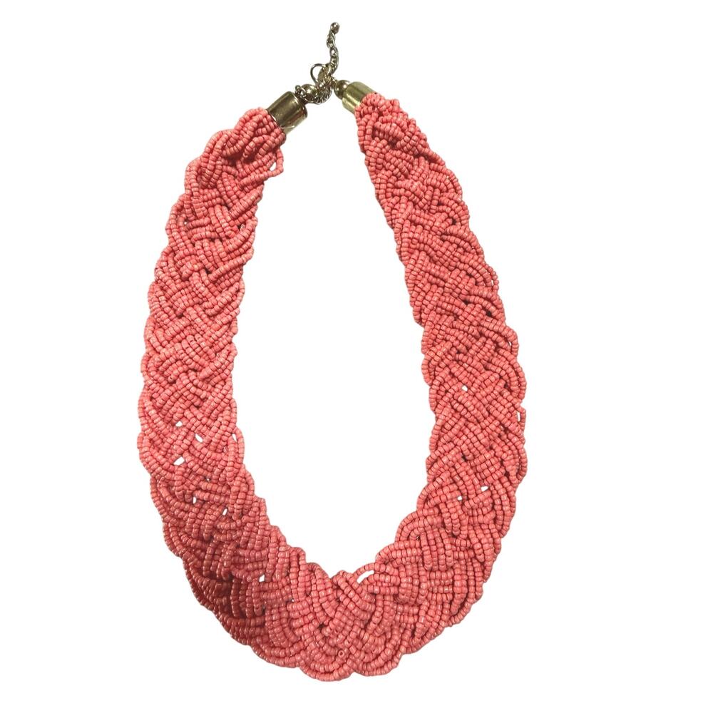 Necklace Coral colored Seed Bead multi layer braided woven Vintage pink